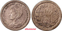10 Cents Netherlands Wilhelmina I Silver 1914 XF Toned KM# 145 (8141) -