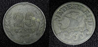 25 Cents Netherlands Wilhelmina I Zinc 1943 WWII Issue BETTER DATE KM# 174 (478) -