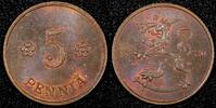 5 Penniä FINLAND Copper 1930 5 Penniä UNC Toned KM# 22 (24 011) -