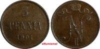 5 Penniä Finland Nicholas II Copper 1901 5 Penniä Mintage-625,000 ch.VF KM# 15 (18 734) -