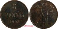 5 Penniä Finland Nicholas II Copper 1905 5 Penniä Mintage-620,000 VF KM# 15 (18 735) -