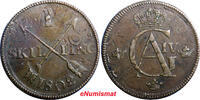 1 SKILLING SWEDEN 1802 OVERSTRUCK ON 2 ORE S.M. 1744 / FULL DATE KM#566 (2356) -