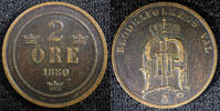 Ore Sweden Oscar II Copper 1880 2 Ore XF KM# 746 (23 140) -