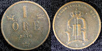 Bronze SWEDEN Oscar II (1872-1907) 1876 1 ORE F/VF SCARCE KM# 734 (23 157) -