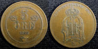 Bronze SWEDEN Oscar II 1875 5 ORE XF KM# 736 (22 970) -