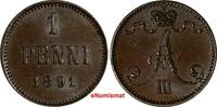 Finland 1 Penni Finland Alexander III Copper 1891 Ch XF KM# 10 (15 020) -