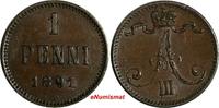 Finland 1 Penni Finland Alexander III Copper 1891 ch XF KM# 10 (15 082) -