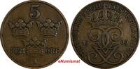 5 Öre Sweden Gustaf V 1909  Large cross on Crown SCARCE KM# 779.2 (18 548) Uncertified