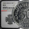 Germany 50 Pfennig Germany, Weimar Republic Aluminum 1922 D NGC MS63 KM# 27 (080) -