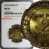 2 Francs France Aluminum-Bronze 1923  NGC MS64 French Chamber KM# 877 (033)