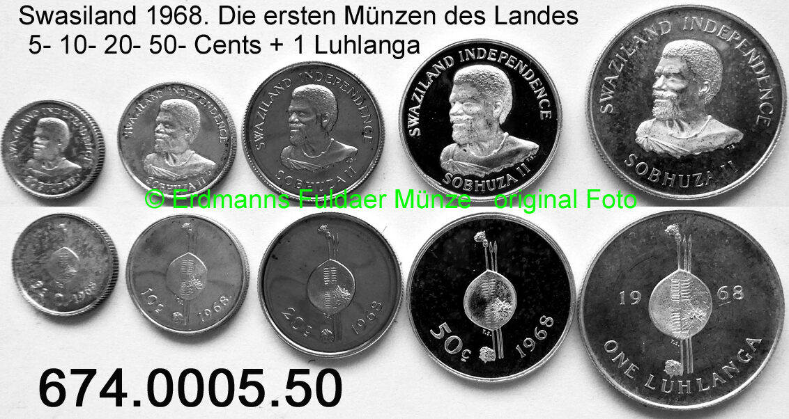 Swasiland Swaziland 5 Cents 10 Cents Cents 50 Cents 1 Luhlanga 1968 1 5 Km1 5 Kursmunzensatz 5 Werte 674 0005 50 Kms Pp Ma Shops