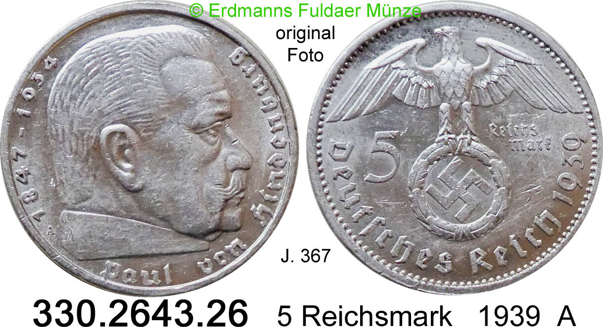 Deutschland Drittes Reich 5 Reichsmark 1939A Hindenburg Mit Hkz. J.367 ...