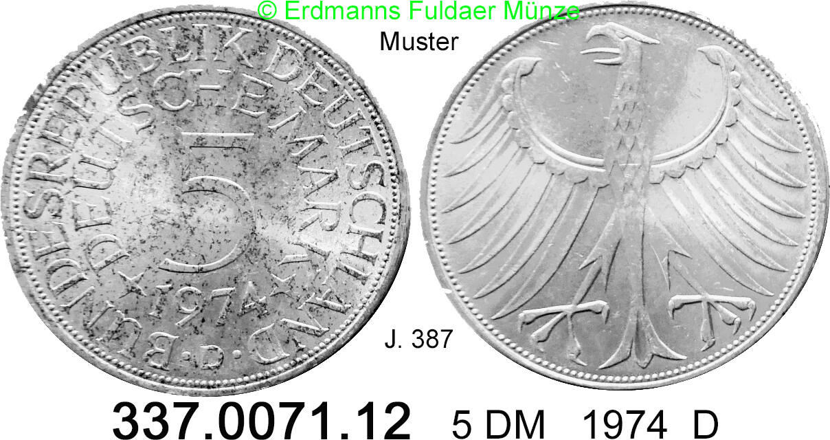 Germany BRD 5 DM 1974D Kursmünze Silber J.387. 337.0071.12 vzunc MA