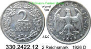 2 Reichsmark 1926A   1926 A Deutschland Weimarer Republik . . J.320 . . 330.2422.12 -vz