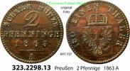 Brandenburg-Preußen 2 Pfennige AKS 107. 323.2298.13 . Preußen Königreich Wilhelm I. 1861-1888 -