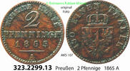 Brandenburg-Preußen 2 Pfennige AKS 107. 323.2299.13 . Preußen Königreich Wilhelm I. 1861-1888 -