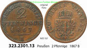 Brandenburg-Preußen 2 Pfennige AKS 107. 323.2301.13 . Preußen Königreich Wilhelm I. 1861-1888 -