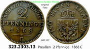 Brandenburg-Preußen 2 Pfennige AKS 107. 323.2303.13 . Preußen Königreich Wilhelm I. 1861-1888 -