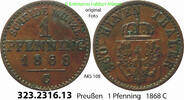 Brandenburg-Preußen 1 Pfennig AKS 108. 323.2316.13 . Preußen Königreich Wilhelm I. 1861-1888 -