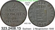 Sachsen Albertinische Linie 2 Neugroschen AKS . Friedrich August II. 1836.1854 . 323.2408.13 -