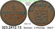 Sachsen Albertinische Linie 2 Pfennige AKS 110 . Friedrich August II. 1836-1854 . 323.2412.13 -