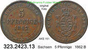Sachsen Albertinische Linie 5 Pfennige AKS 151 . Johann 1854-1873 . 323.2423.13 -