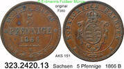 Sachsen Albertinische Linie 5 Pfennige AKS 151 . Johann 1854-1873 . 323.2425.13 -