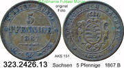 Sachsen Albertinische Linie 5 Pfennige AKS 151 . Johann 1854-1873 . 323.2426.13 -