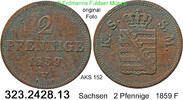 Sachsen Albertinische Linie 2 Pfennige AKS152 . Johann 1854-1873 . 323.2428.13 -