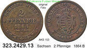 Sachsen Albertinische Linie 2 Pfennige AKS 152 . Johann 1854-1873 . 323.2429.13 -