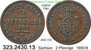Sachsen Albertinische Linie 2 Pfennige AKS 153 . Johann 1854-1873 . 323.2430.13 -