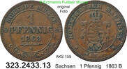 Sachsen Albertinische Linie 1 Pfennig AKS 155 . Johann 1854-1873 . 323.2433.13 -
