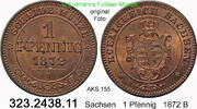 Sachsen Albertinische Linie 1 Pfennig AKS 155 . Johann 1854-1873 . 323.2438.11 -