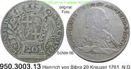Fulda Bistum 20 Kreuzer 1761. N.D. Heinrich von Bibra 1759-1788 . 950.30... 80,00 EUR  zzgl. 7,95 EUR Versand