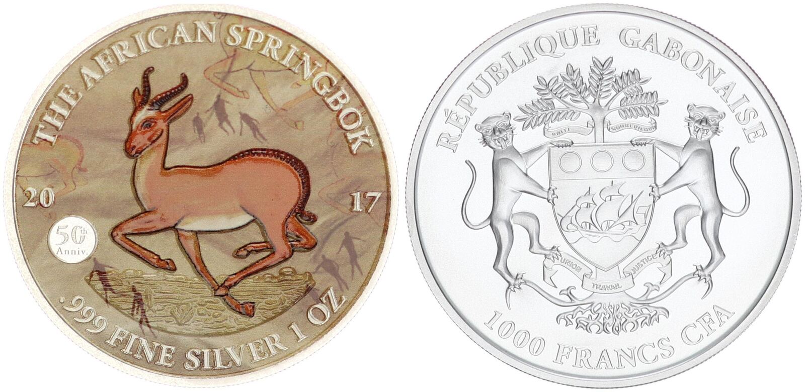 Gabun 1 Unze 1000 Francs CFA 2014 African Springbock 1 Unze Silber