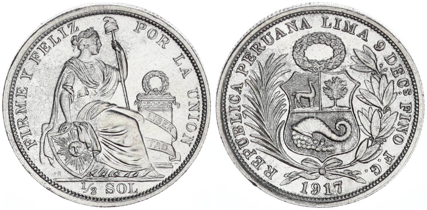 1/2 Sol 1917 Republica Peruana Lima .9 Decimos Fino fast vz, leichte