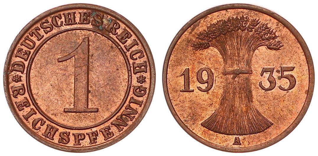 Deutschland / Weimar 1 Pfennig 1935 A Reichspfennig J.313 * prägefrisch
