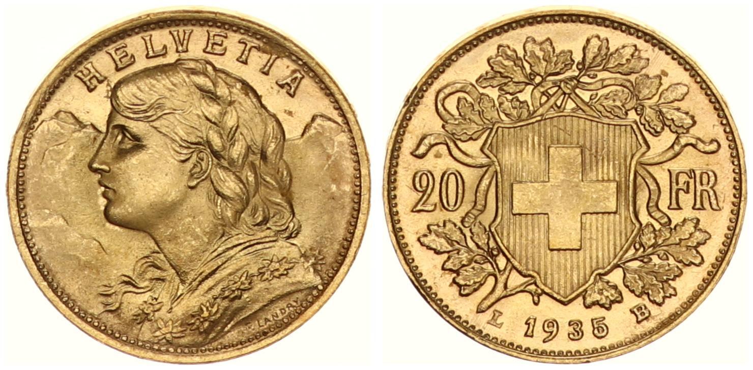 Schweiz 20 Franken Gold 1935 Vreneli Prägefrisch-Stempelglanz | MA-Shops