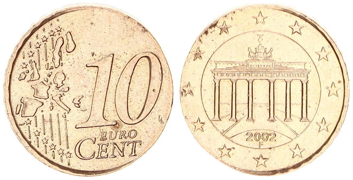 Deutschland / Bundesrepublik 10 Cent 2002 F Fehlprägung auf 2 Euro Innenteil