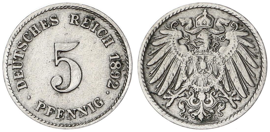 Deutschland / Kaiserreich 5 Pfennig 1892 G besseres Münzzeichen * ss ...