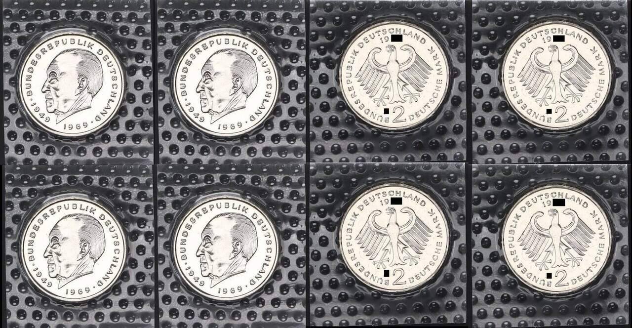 Deutschland 2 DM 1974 DFGJ J.406 Adenauer komplett 4 Münzen Stempelglanz in Folie