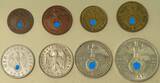3. Reich, Third Reich 1, 2, 5, 10, 50 Reichspfennig, 1, 2, 5 Reichsmark 1935-1943 Kursmünzsatz, alle mit Hakenkreuz außer 1 Reichsmark sehr schön-vorzüglich