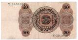 Deutschland 20 Reichsmark Reichsbanknote 11.10.1924 Unterdruck Buchstabe B, Serie Y. gebraucht, seltener Unterdruck-Buchstabe gebraucht (III)