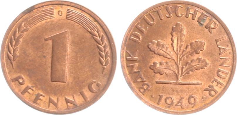 1 Pfennig 1949 D Bank Deutscher Länder Deutschland 1 Pfennig 1 Pf.Bank dt.Länder- 1949 G vz-st, vz- st | MA-Shops