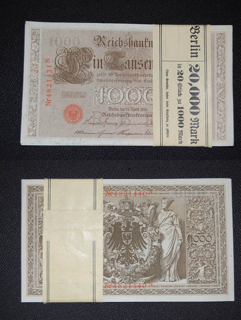 Deutschland/ Kaiserreich 20 x 1000 Reichsmark 1910 in Banderole mit fortlaufenden Nummern Deutschland/ Kaiserreich 20 x 1000 Reichsmark 1910 in Banderole mit fortlaufenden Nummern