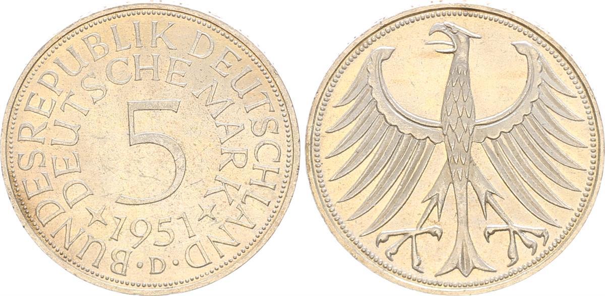 Deutschland 1951 D 5 DM Silber Kursmünze fast Stempelglanz Deutschland 1951 D 5 DM Silber Kursmünze fast Stempelglanz