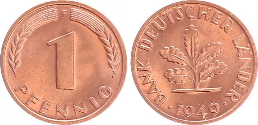 1 Pfennig Bank Deutscher Länder 1949 J Deutschland 1 Pfennig Bank deutscher Länder 1949 F * prägefrisch