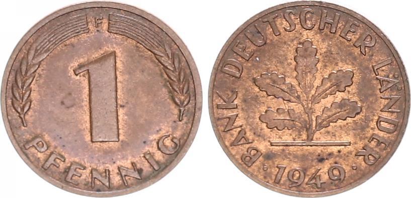 1 Pfennig 1949 D Bank Deutscher Länder Deutschland 1 Pfennig Bank deutscher Länder 1949 F vz-st | MA-Shops
