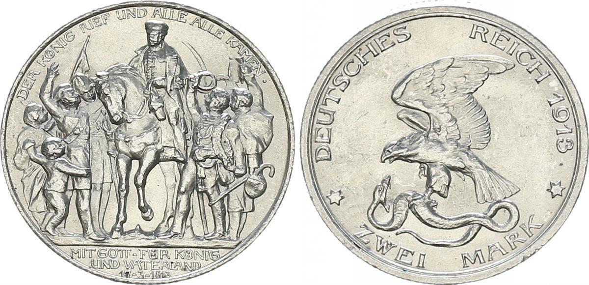 Deutsches Kaiserreich Preußen 2 Mark Preußen 1913 A Der König rief (Befreiungskriege gegen Deutsches Kaiserreich Preußen 2 Mark Preußen 1913 A Der König rief (Befreiungskriege gegen