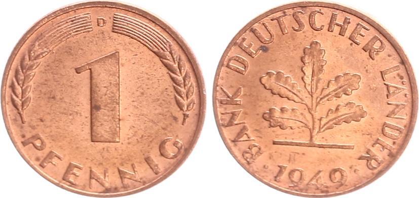 1 Pfennig 1949 D Bank Deutscher Länder Deutschland 1 Pfennig Bank deutscher Länder 1949 D prägefrisch | MA-Shops